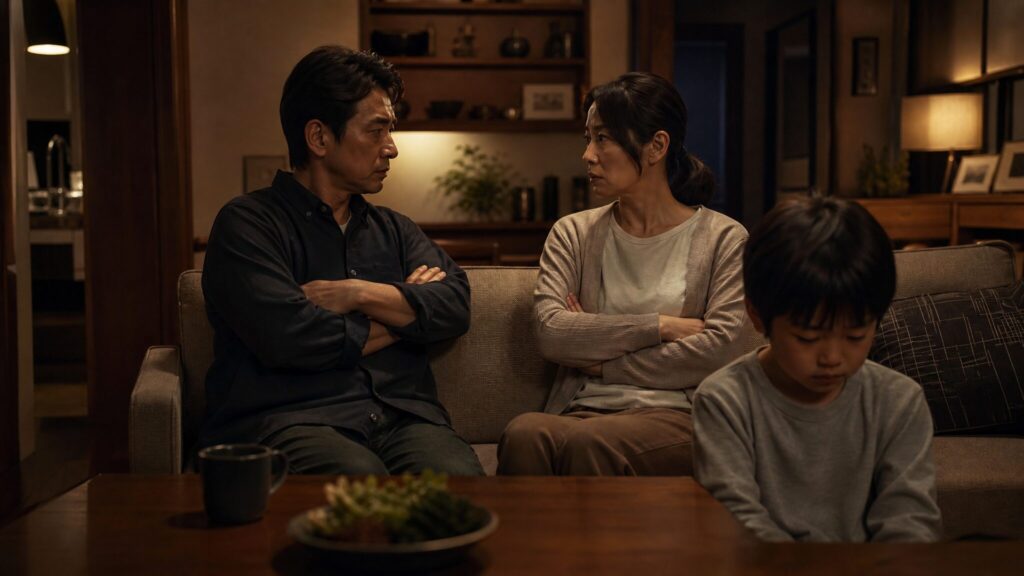 人の悪口ばかり言う人の育ちとは何かを考えるために、家庭内の会話が子どもに影響する場面を表しています。