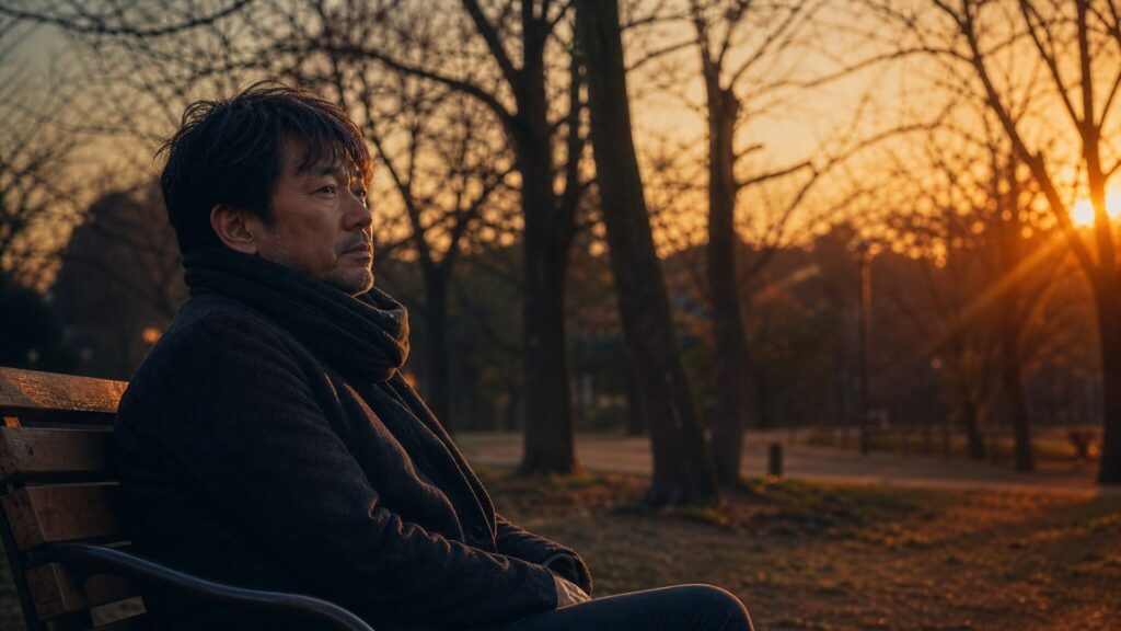 恨みを抱え続ける人が迎える末路として、周囲が離れ孤独を感じる人物の様子を表現したシーン