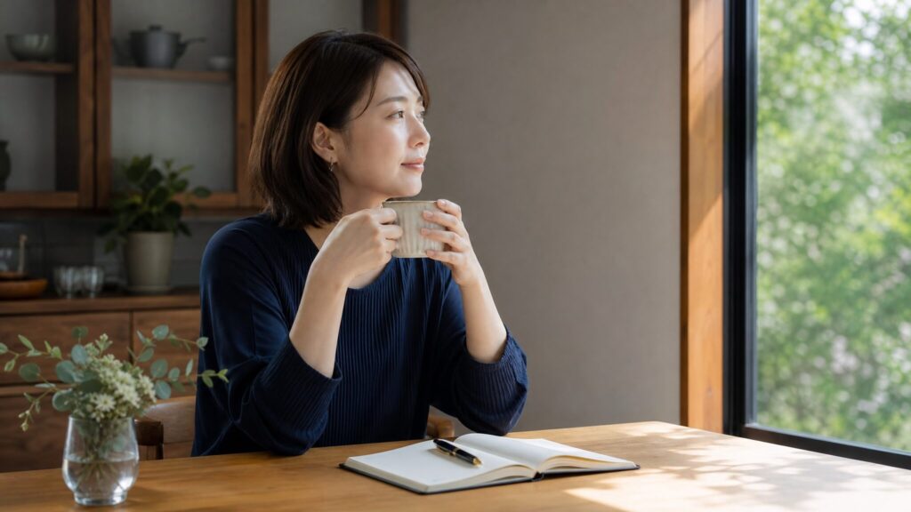 恨みが強い人の特徴や心理を振り返り、自分の生活を整えていこうとする人物の落ち着いた様子を表現したシーン