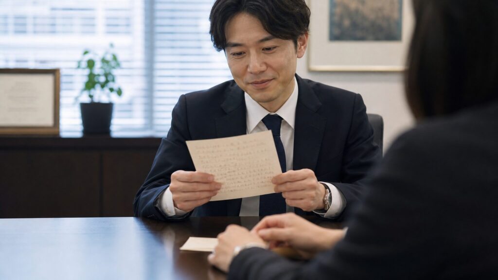 日本人男性が手書きのお礼状を読む様子で、字の綺麗さが与える印象と誤解されやすい点を象徴するビジネスシーン。