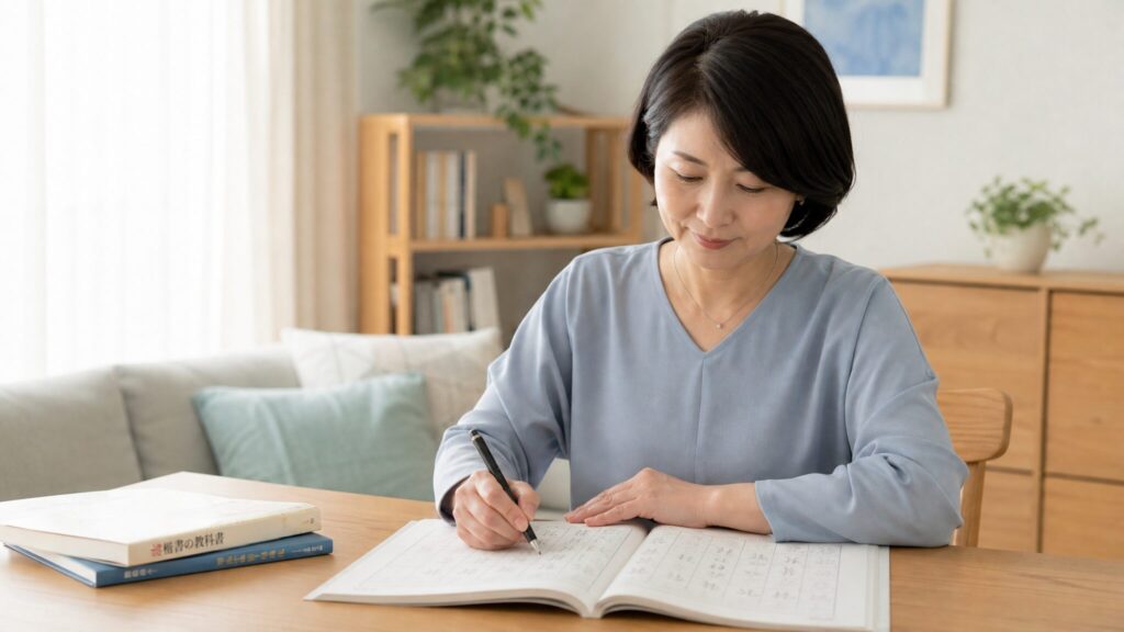 日本人女性が正しい姿勢でペン字練習帳に向かう様子で、字を綺麗に書くための習慣と方法を実践しているシーン。