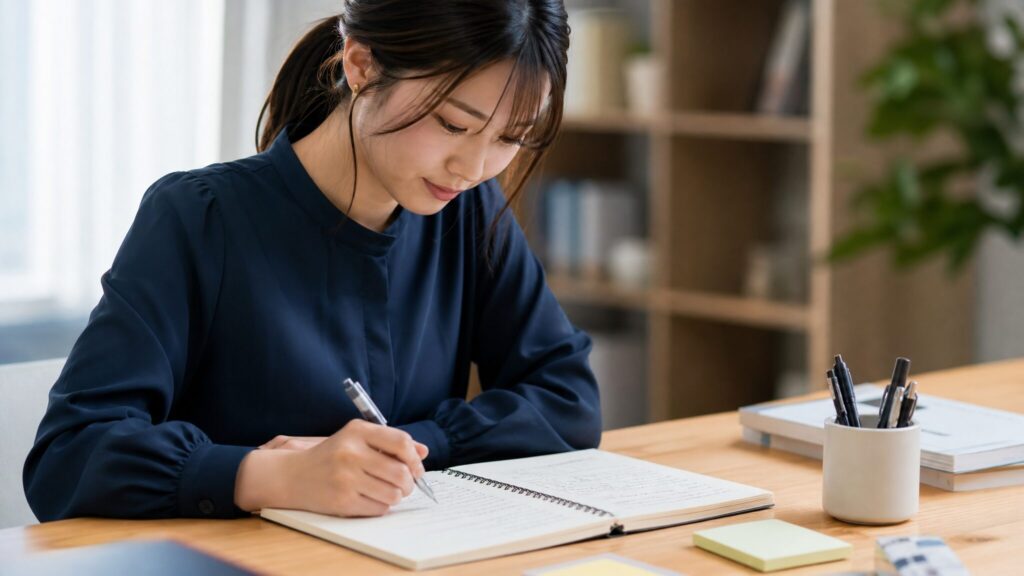 日本人女性がノートに集中して文字を書き込む様子で、字が綺麗な人に見られる几帳面さや集中する性格と特徴を表現したシーン。