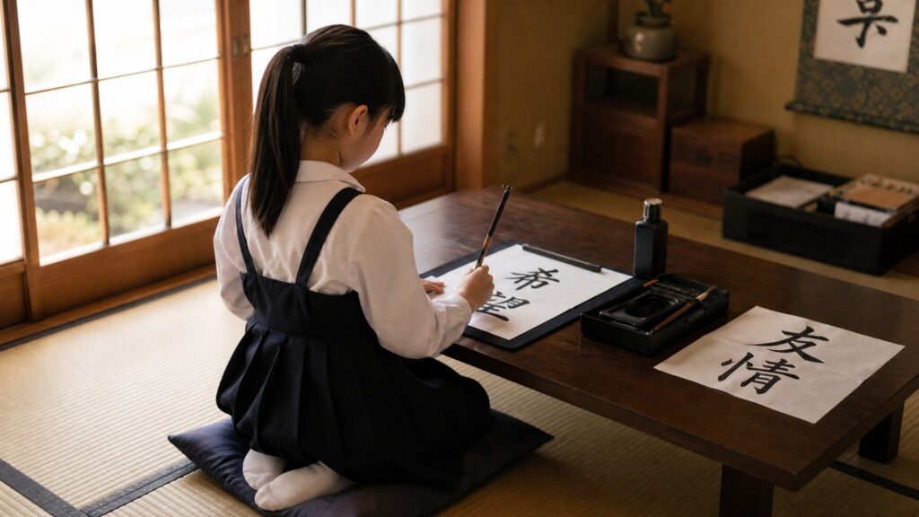 日本人の女児が和室で書道に取り組む様子で、字が綺麗な人が育ちがいいと言われる背景にある家庭環境や習いごとを象徴するシーン。