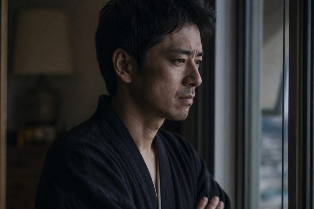 窓際で腕を組み考え込む日本人男性。言い方がきつい人の特徴と心理の内面を表現したシーン。