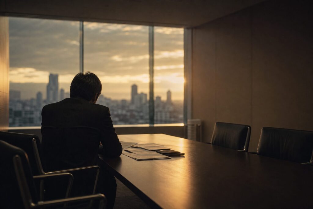 誰もいない会議室で一人座る日本人男性会社員。言い方がきつい人が迎える末路としての孤立を象徴するシーン。