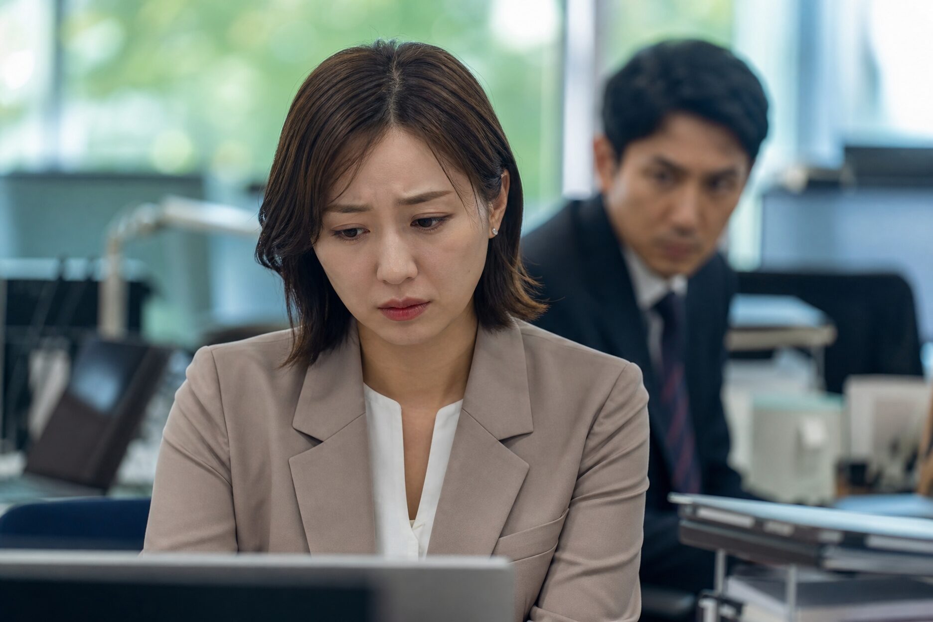 オフィスで言い方がきつい人から強い言葉を受け、表情を曇らせる日本人女性会社員。