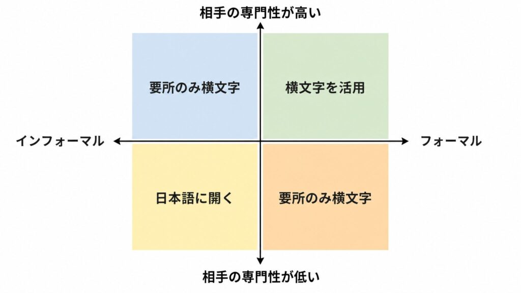 マトリクス図：相手の専門性と場の公式度の2軸で横文字とビジネス用語の使い分け基準を4象限に整理したフラットデザインの2軸マトリクス