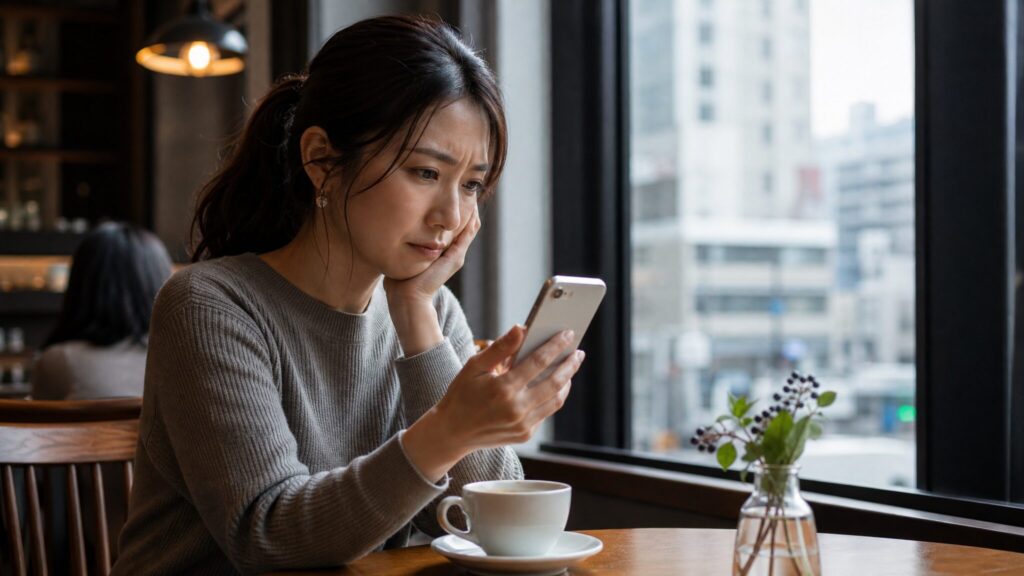 嫉妬深い人の特徴と心理を象徴する、SNSを見ながら複雑な表情を浮かべる日本人女性の様子