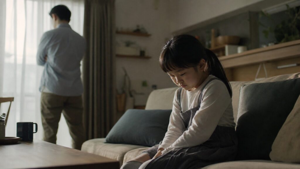 嫉妬深い人の育ちに影響するとされる、家庭内での距離感のある親子関係を表現した情景