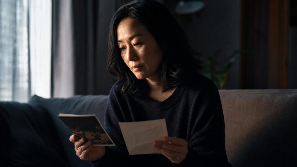 いつまでも恨み続ける人の心理を表すように、過去の記憶と向き合いながら考え込む人物の様子を表現したシーン