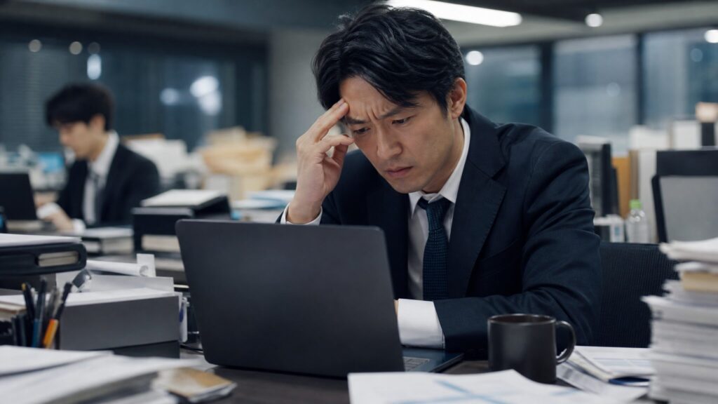 パソコンを前に困惑する日本人男性社員の姿を通して、横文字を多用する人が仕事できないと見られる理由を象徴するシーン。