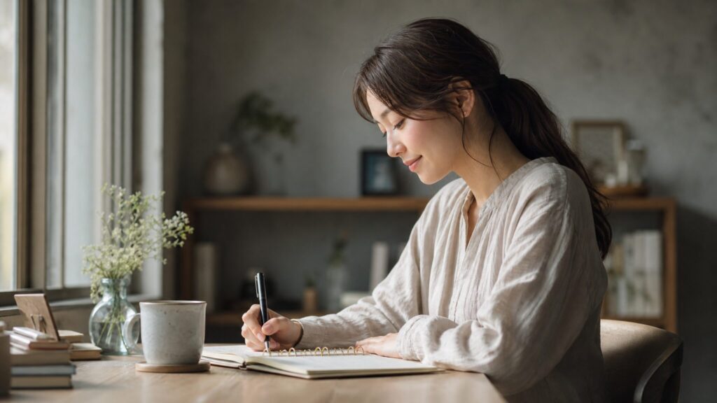 人をあてにする人の心理や対処法のまとめとして、要点を手帳に書き留めながら関わり方を見直す女性の姿