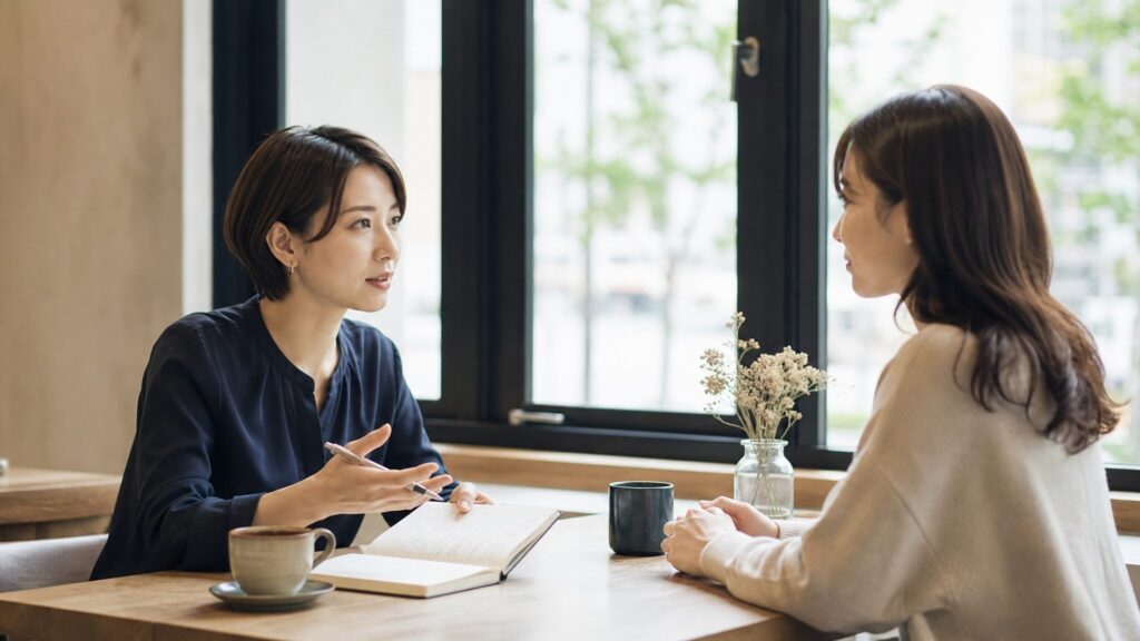 あてにすると頼るの違いを示す、自分なりに考えてから相談する女性と耳を傾ける女性の対話シーン