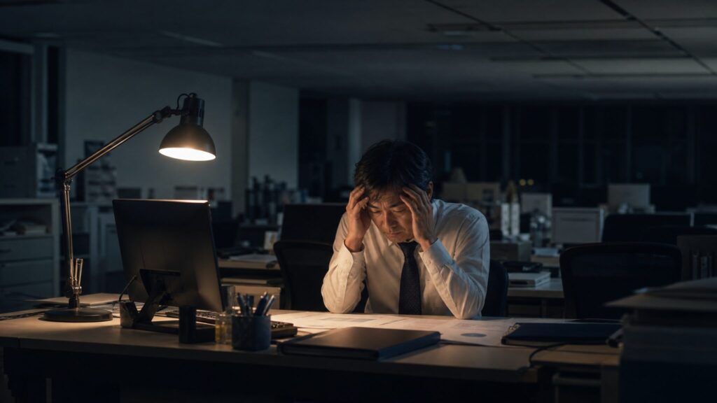 恨まれてる人が迎える末路として、孤立した職場で一人デスクに向かい疲労した表情を浮かべる日本人男性会社員の姿