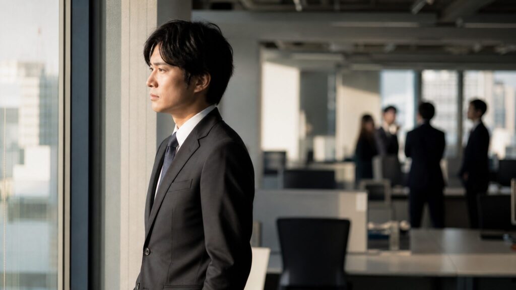 恨まれてる人の末路を象徴するように、職場で周囲から距離を置かれ一人窓際に立つ日本人男性会社員の様子