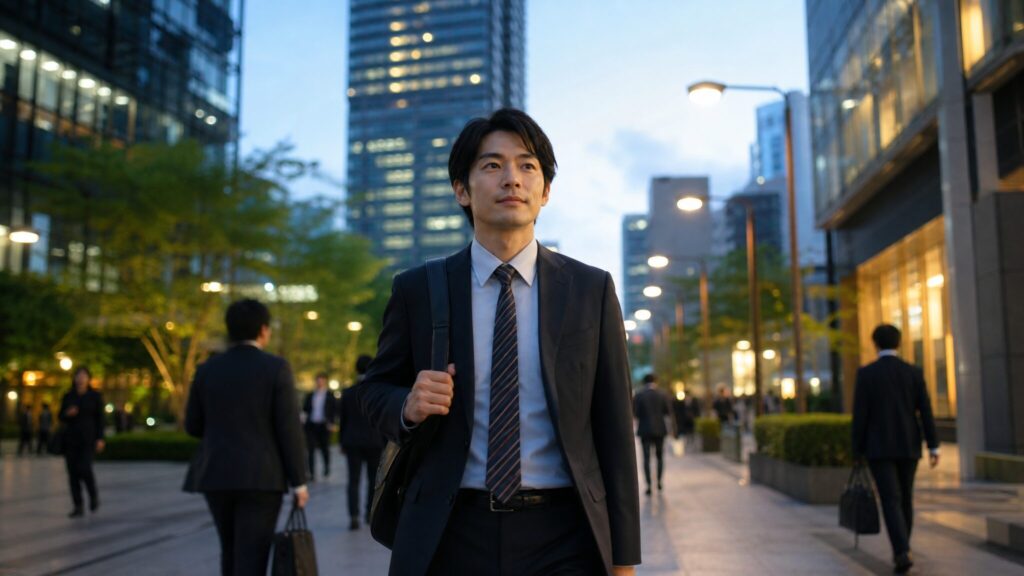 恨まれてる人の末路や特徴を踏まえ、自身の振る舞いを見つめ直して前向きに歩き出す日本人男性会社員の様子