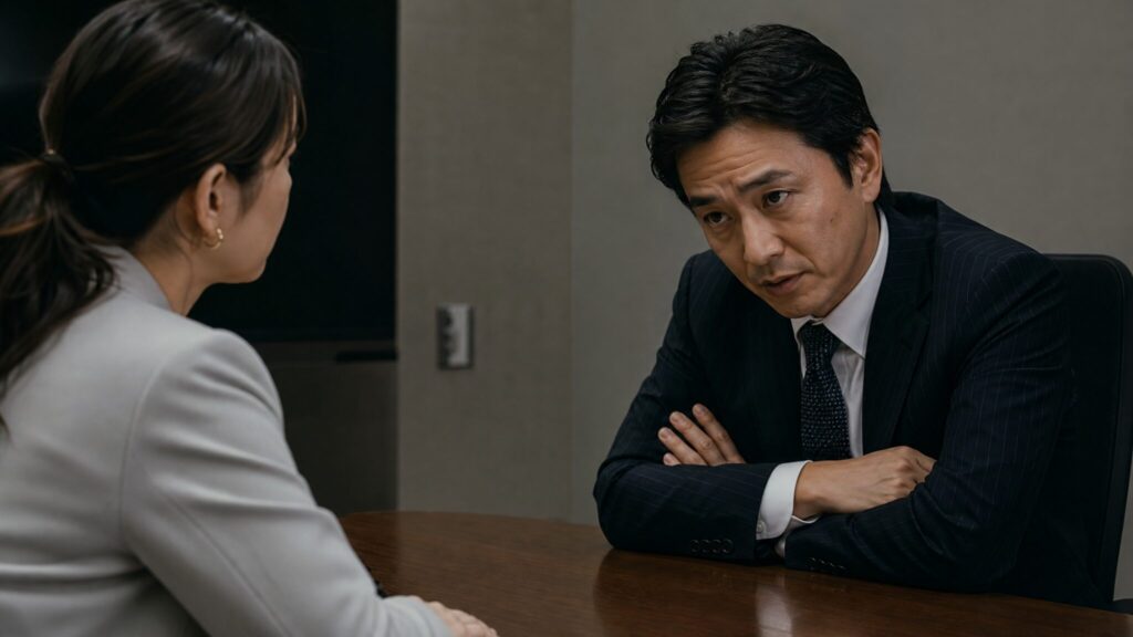 恨まれてる人にみられる特徴である自分本位な態度を表すように、会議室で相手を見下ろすように話す日本人男性会社員と困惑する女性社員のやり取り