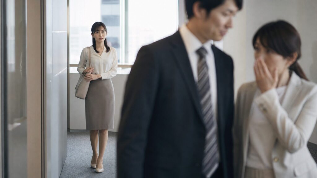 人から恨まれているサインに気づき始めた日本人女性会社員が、廊下で同僚たちの冷たい視線を感じ取る場面