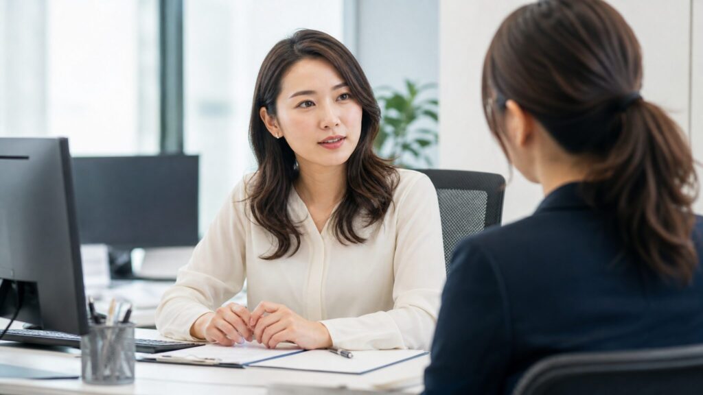 人をあてにする人に振り回されないための対処法として、境界線を意識しながら冷静に対応する女性会社員の様子