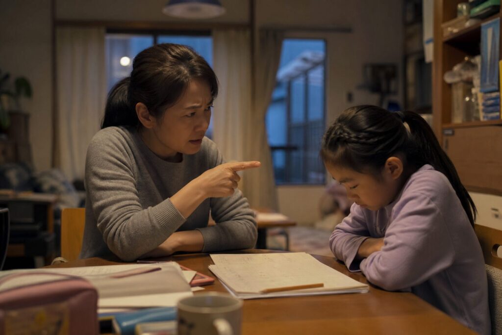 日本の家庭で母親が子どもに厳しい口調で接する場面。言い方がきつい人の育ちに関わる家庭環境を象徴するシーン。