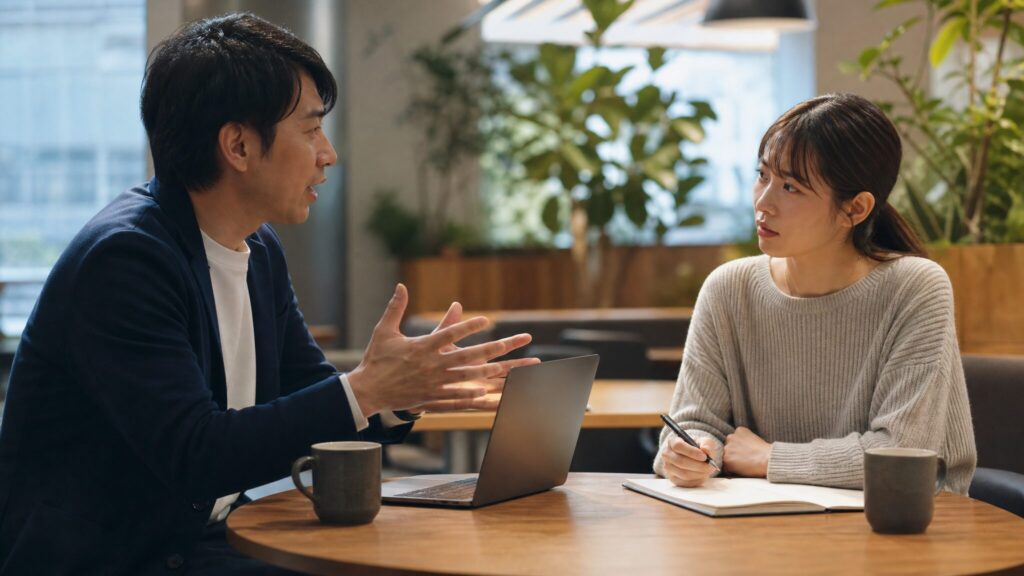 身振りを交えて話す男性と困惑気味にメモを取る女性の対比から、カタカナ語を多用する人の特徴と行動が伝わるシーン。