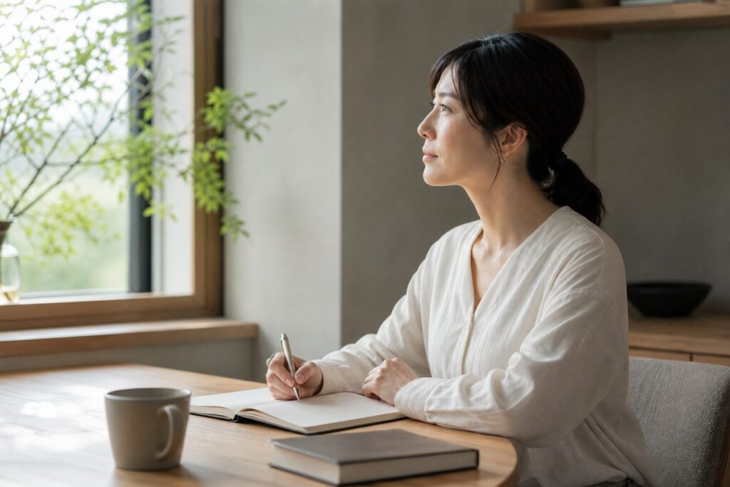 窓辺でノートに考えを書き留める日本人女性。言い方がきつい人の育ちや対処法を整理し前向きに振り返る様子を表現したシーン。