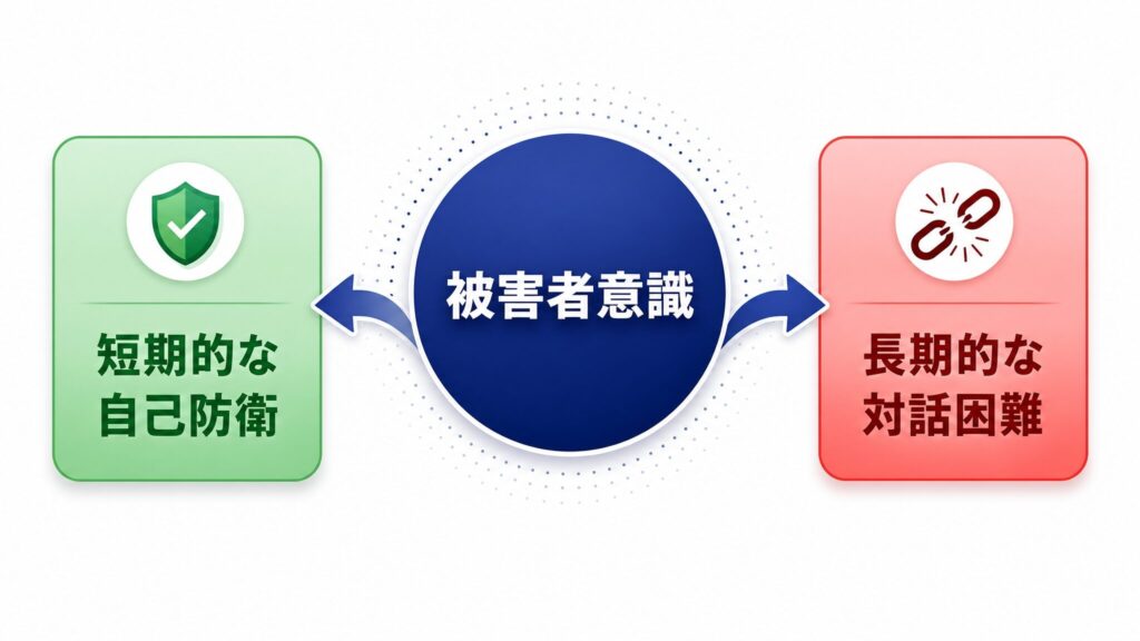 被害者意識を中央に置き、左に短期的な自己防衛、右に長期的な対話困難という二つの側面を対比的に並べた概念図