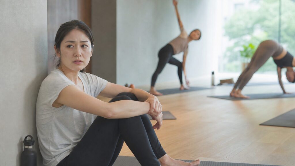 ヨガが合わない人とはどのような傾向があるのかを示すように、周囲と比べず自分に合う運動かを考えている場面